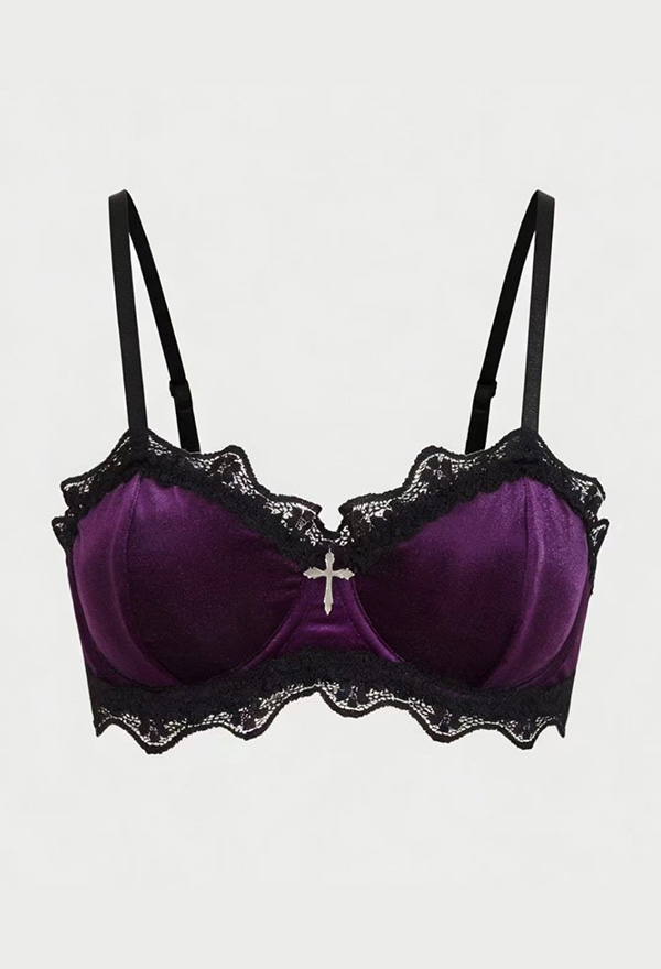 Gothic Dark Purple Velvet Bra Dark Style Lace Trim Push Up Bra