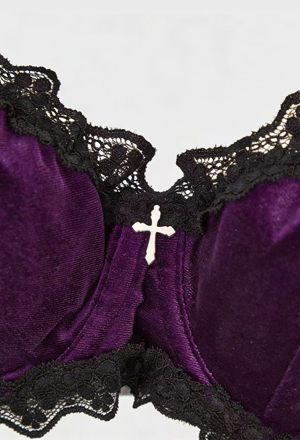 Gothic Dark Purple Velvet Bra Dark Style Lace Trim Push Up Bra