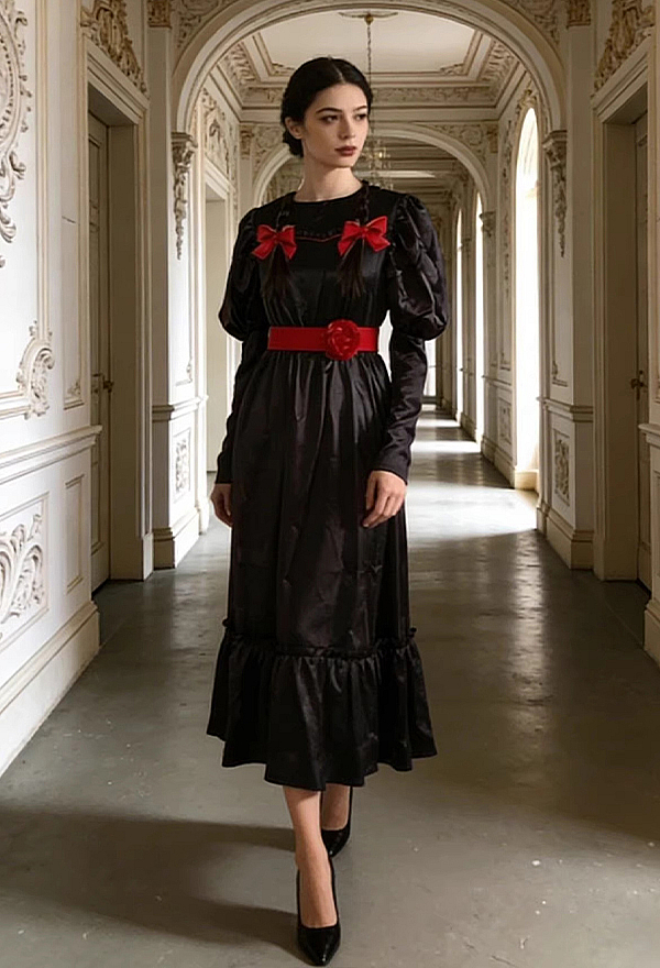 Halloween Horror Doll Dress Dark Style Gigot Sleeve Long Dress with Belt