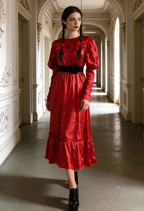 Halloween Horror Doll Dress Dark Style Gigot Sleeve Long Dress with Belt