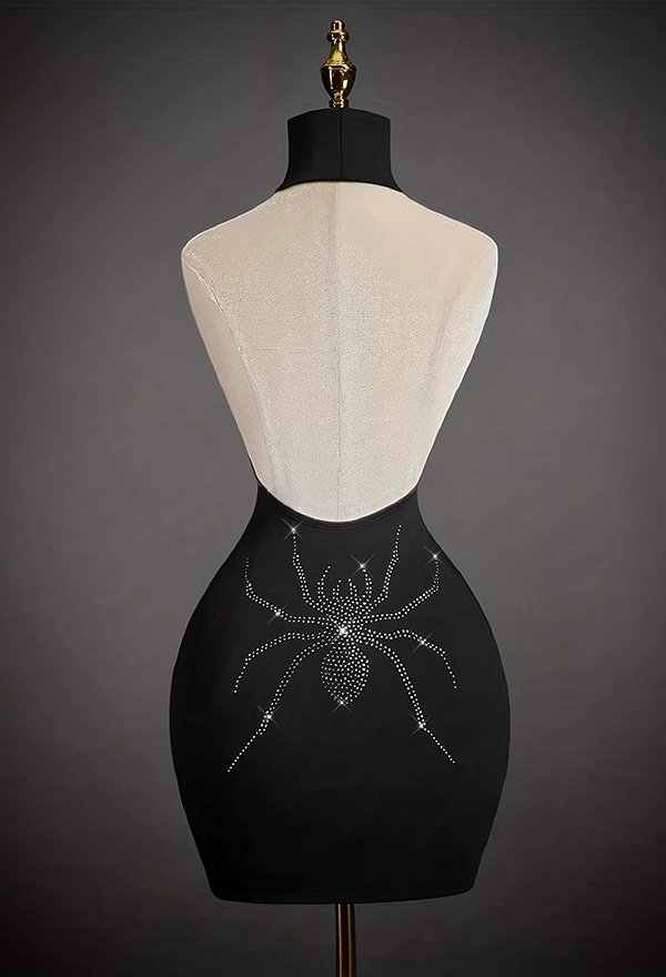 Gothic Black Rhinestone Spider Embellished Halter Backless Dress Dark Style Bodycon Mini Dress