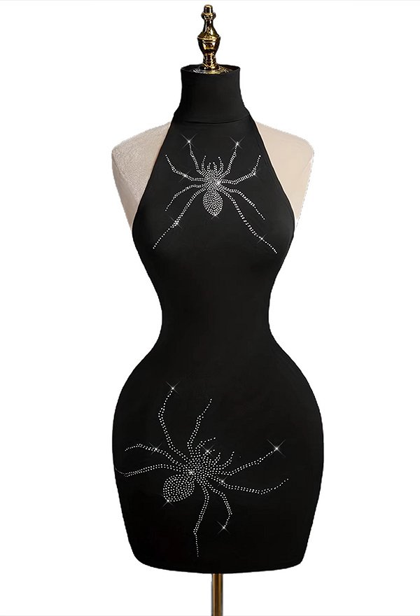 Gothic Black Rhinestone Spider Embellished Halter Backless Dress Dark Style Bodycon Mini Dress