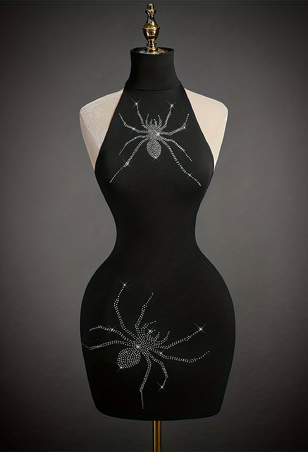 Gothic Black Rhinestone Spider Embellished Halter Backless Dress Dark Style Bodycon Mini Dress