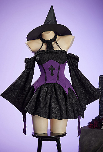 Halloween Gothic Black Witch Set Irregular Halter Top and Skirt with Hat and Sleeves