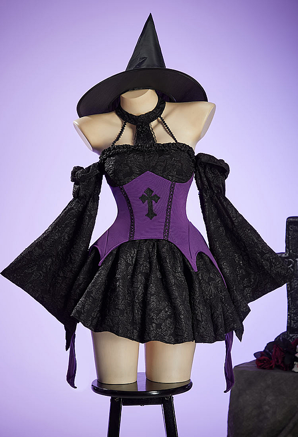 Halloween Gothic Black Witch Set Irregular Halter Top and Skirt with Hat and Sleeves Halloween Gothic Black Witch Set Irregular Halter Top and Skirt with Hat and Sleeves