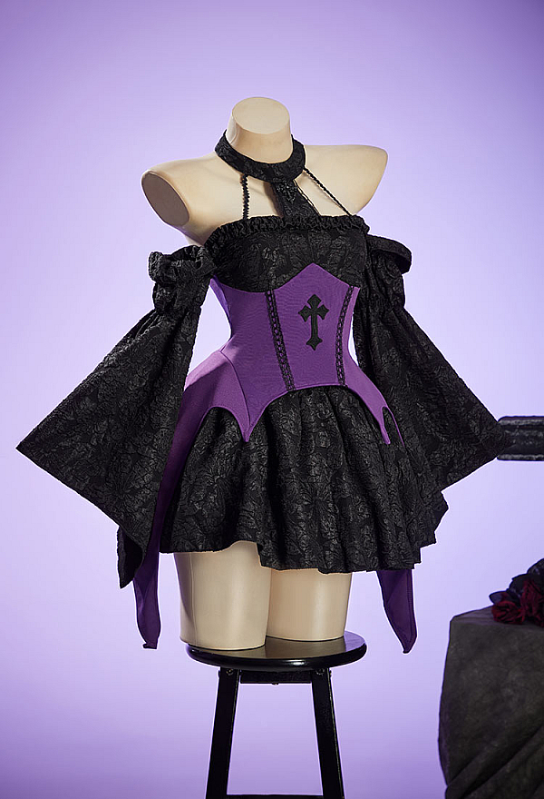 Halloween Gothic Black Witch Set Irregular Halter Top and Skirt with Hat and Sleeves Halloween Gothic Black Witch Set Irregular Halter Top and Skirt with Hat and Sleeves