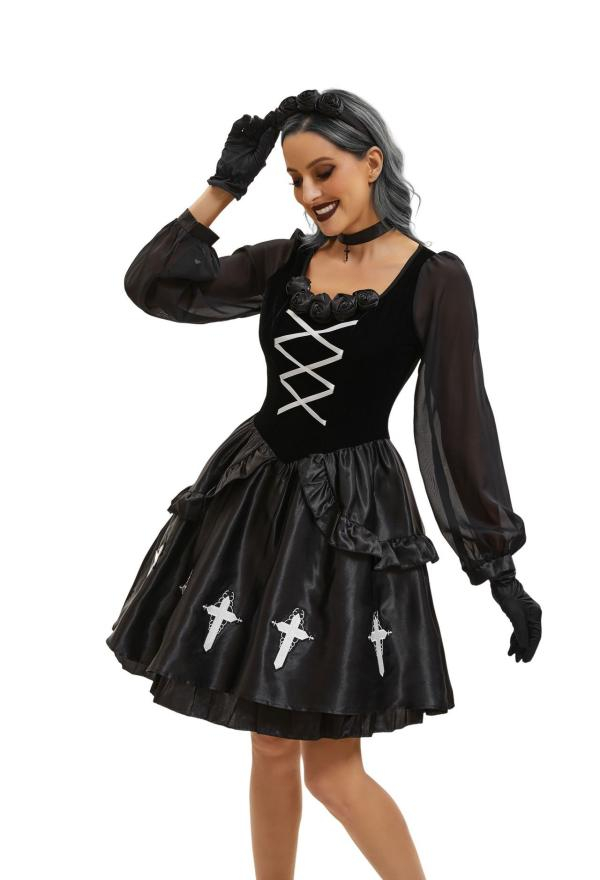 Halloween Gothic Bride Black Outfit Dark Style Little Devil Vampire Dress with Choker and Gloves Halloween Gothic Bride Black Outfit Dark Style Little Devil Vampire Dress with Choker and Gloves