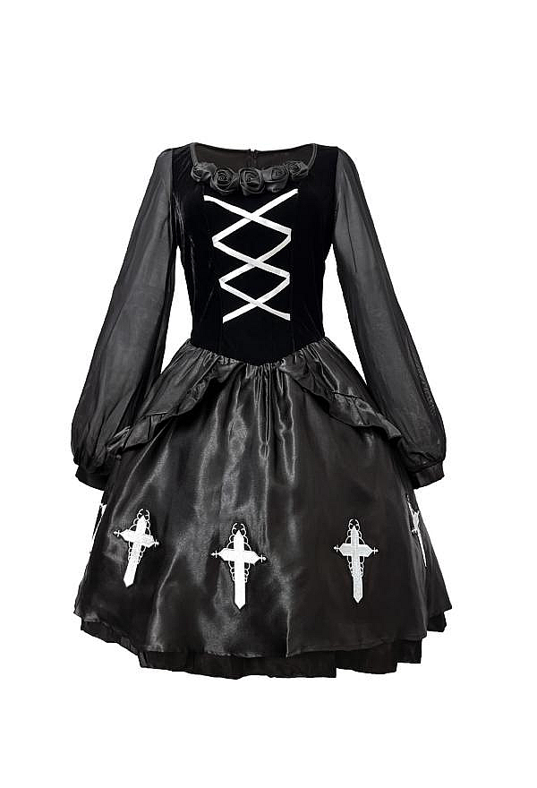 Halloween Gothic Bride Black Outfit Dark Style Little Devil Vampire Dress with Choker and Gloves Halloween Gothic Bride Black Outfit Dark Style Little Devil Vampire Dress with Choker and Gloves