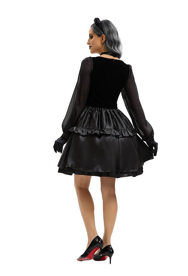 Halloween Gothic Bride Black Outfit Dark Style Little Devil Vampire Dress with Choker and Gloves Halloween Gothic Bride Black Outfit Dark Style Little Devil Vampire Dress with Choker and Gloves