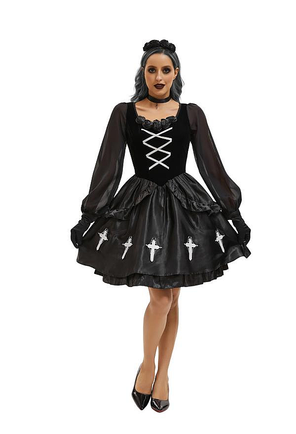 Halloween Gothic Bride Black Outfit Dark Style Little Devil Vampire Dress with Choker and Gloves Halloween Gothic Bride Black Outfit Dark Style Little Devil Vampire Dress with Choker and Gloves