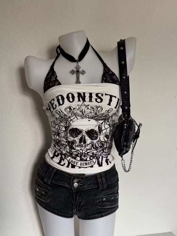 Gothic Black White Skull Print Halter Tank Top Retro Y2K Print Fitted Top