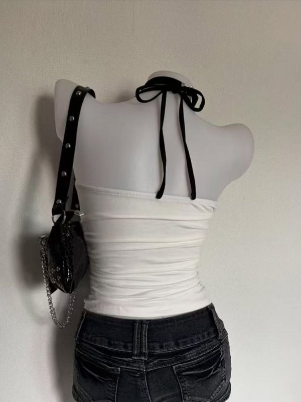 Gothic Black White Skull Print Halter Tank Top Retro Y2K Print Fitted Top