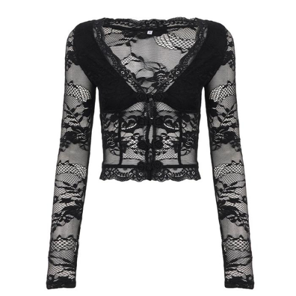 Gothic Black Deep V Neck Lace Top Sheer Fitted Long-Sleeve Cardigan