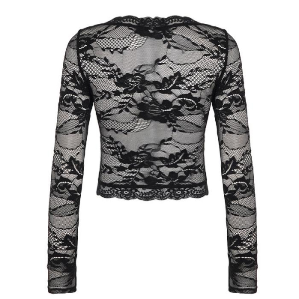Gothic Black Deep V Neck Lace Top Sheer Fitted Long-Sleeve Cardigan