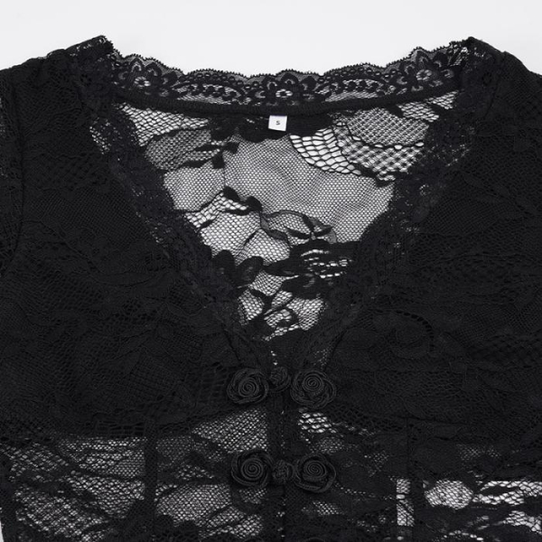 Gothic Black Deep V Neck Lace Top Sheer Fitted Long-Sleeve Cardigan