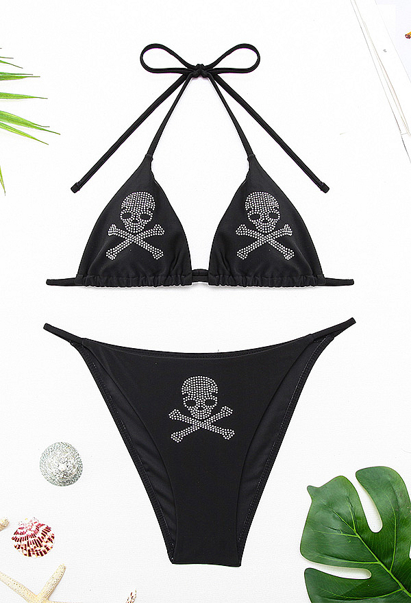 Gothic Black Rhinestone Skull Bikini Set Dark Style Lace-Up Two-Piece Swimsuit