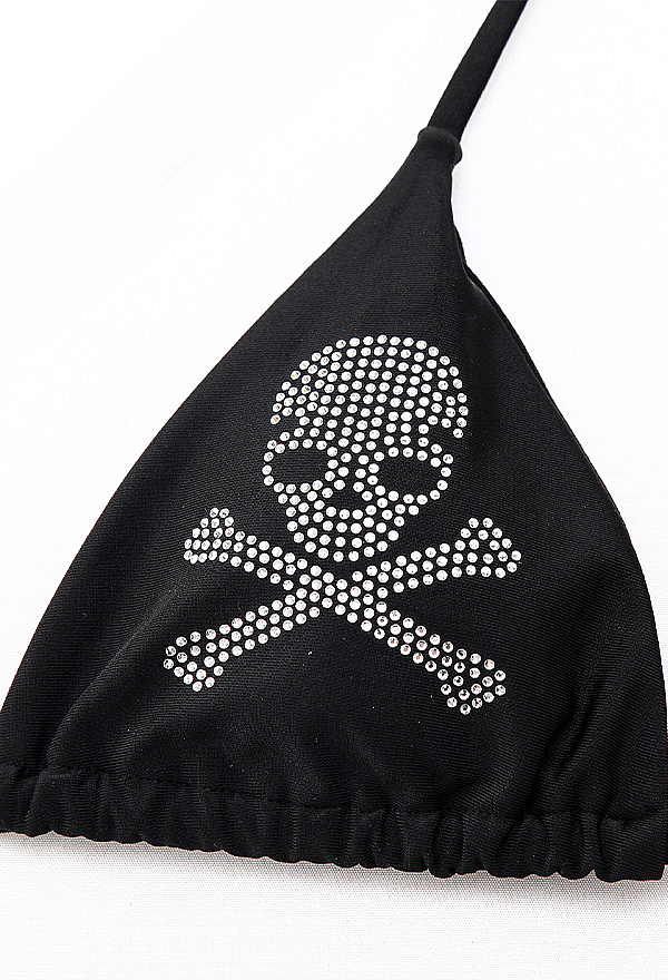 Gothic Black Rhinestone Skull Bikini Set Dark Style Lace-Up Two-Piece Swimsuit