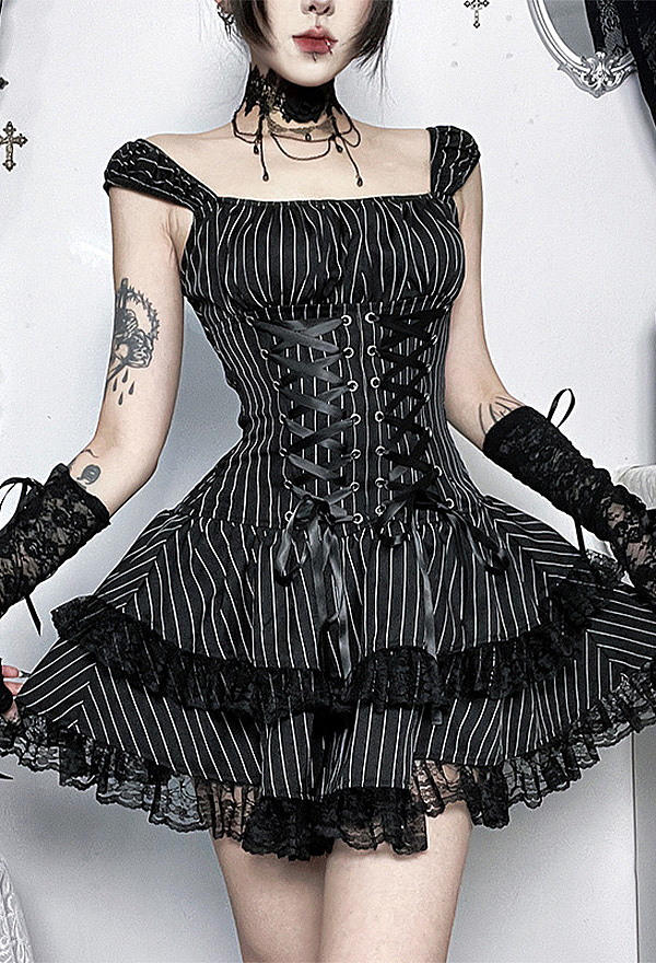 Gothic Black and White Striped Dress Dark Y2K Lace-up Dress