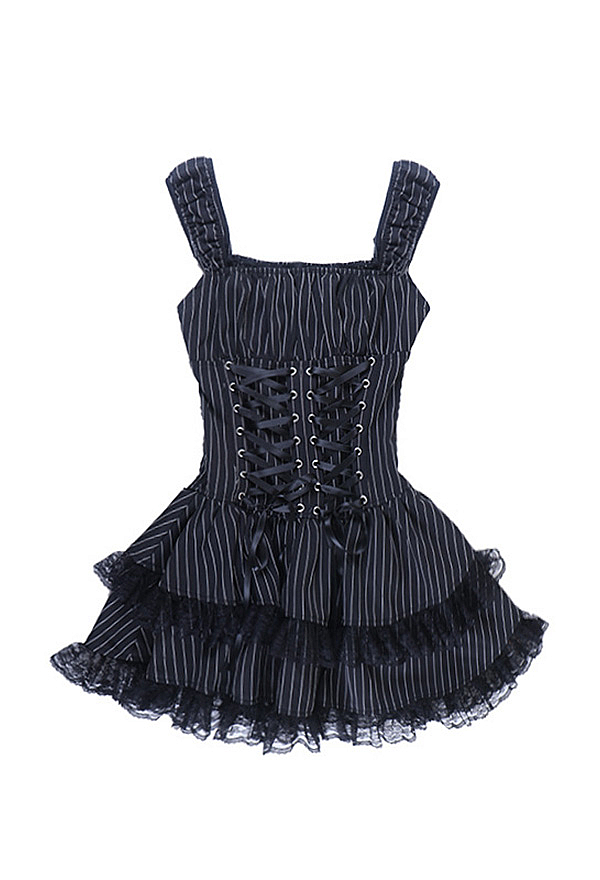 Gothic Black and White Striped Dress Dark Y2K Lace-up Dress