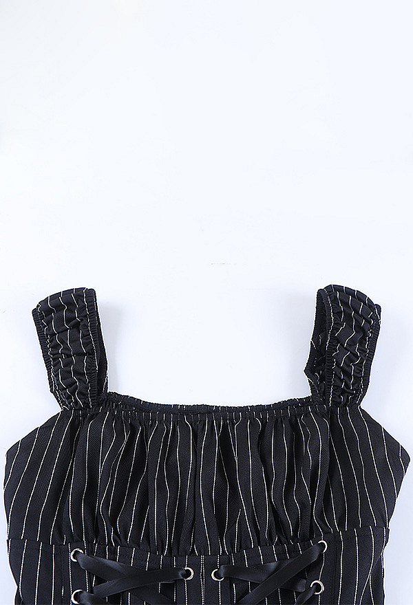 Gothic Black and White Striped Dress Dark Y2K Lace-up Dress