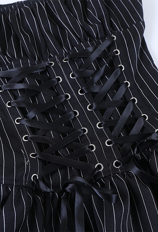 Gothic Black and White Striped Dress Dark Y2K Lace-up Dress