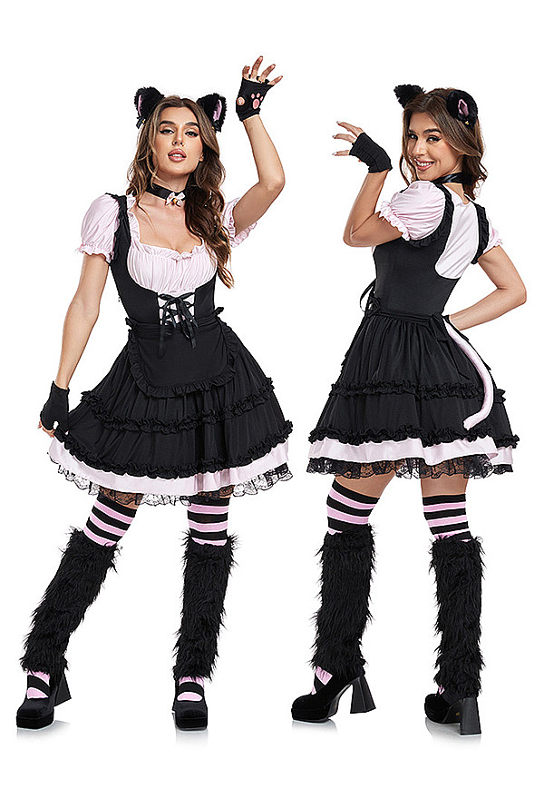 Halloween Cat Maid Outfit Pink and Black Dress and Apron with Headband and Tail Halloween Cat Maid Outfit Pink and Black Dress and Apron with Headband and Tail