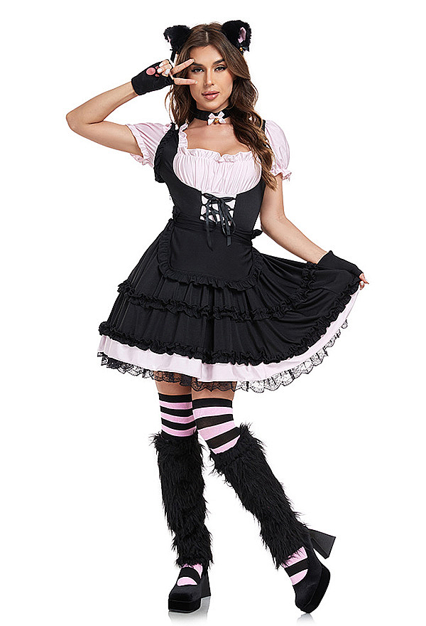 Halloween Cat Maid Outfit Pink and Black Dress and Apron with Headband and Tail Halloween Cat Maid Outfit Pink and Black Dress and Apron with Headband and Tail