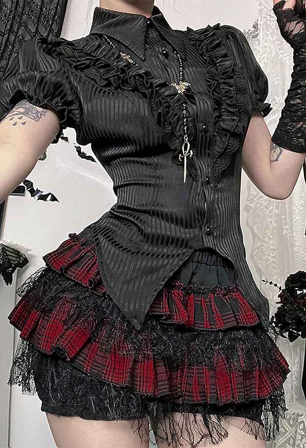 Gothic Red and Black Plaid Lace Skort High Waist Tiered Ruffled Skort Gothic Red and Black Plaid Lace Skort High Waist Tiered Ruffled Skort