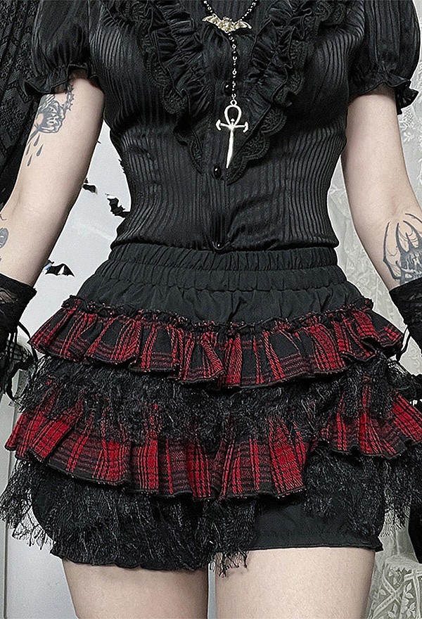Gothic Red and Black Plaid Lace Skort High Waist Tiered Ruffled Skort Gothic Red and Black Plaid Lace Skort High Waist Tiered Ruffled Skort