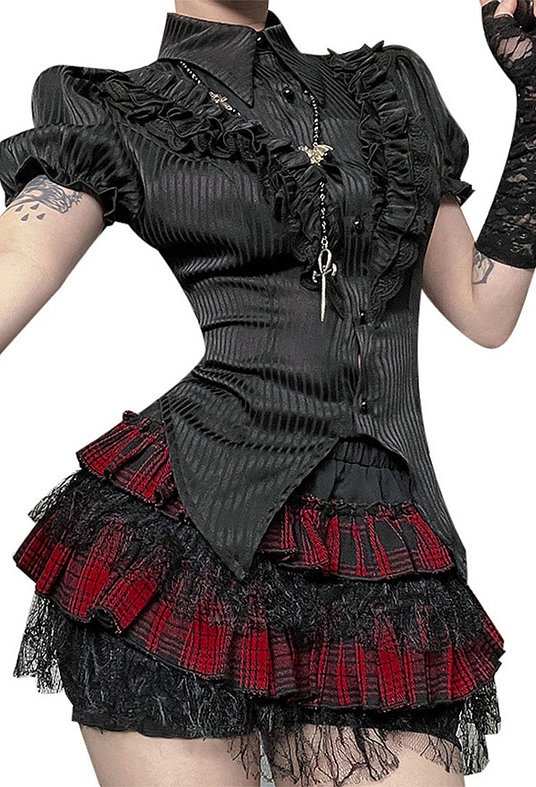 Gothic Red and Black Plaid Lace Skort High Waist Tiered Ruffled Skort Gothic Red and Black Plaid Lace Skort High Waist Tiered Ruffled Skort