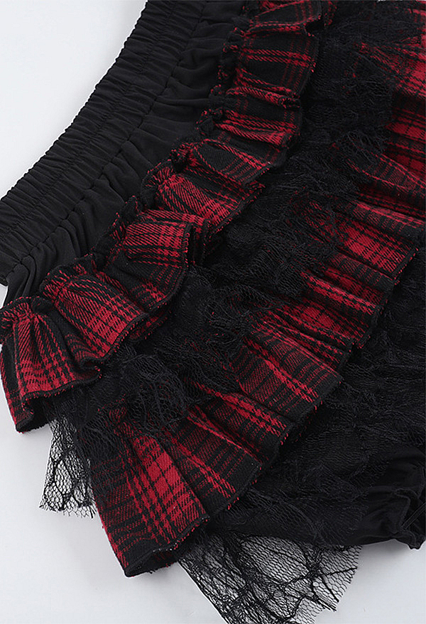 Gothic Red and Black Plaid Lace Skort High Waist Tiered Ruffled Skort Gothic Red and Black Plaid Lace Skort High Waist Tiered Ruffled Skort