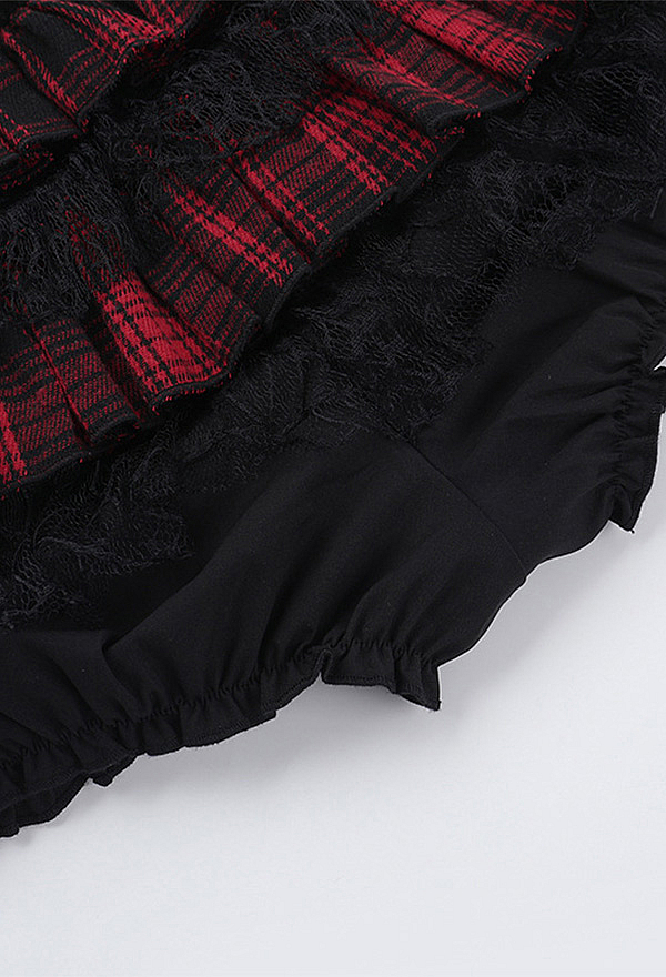 Gothic Red and Black Plaid Lace Skort High Waist Tiered Ruffled Skort Gothic Red and Black Plaid Lace Skort High Waist Tiered Ruffled Skort