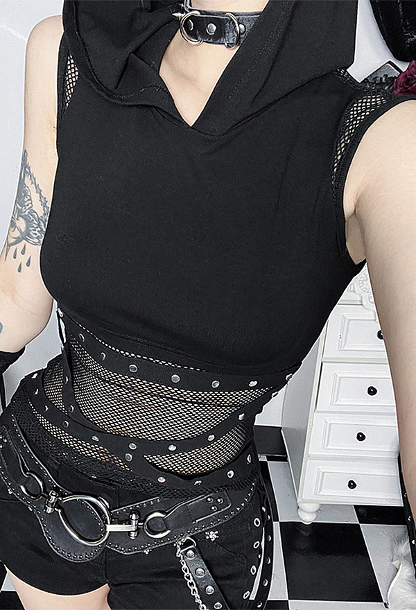 Gothic Black Fishnet Paneled Tank Top Punk Techwear Studded Strap Hooded Sleeveless Top