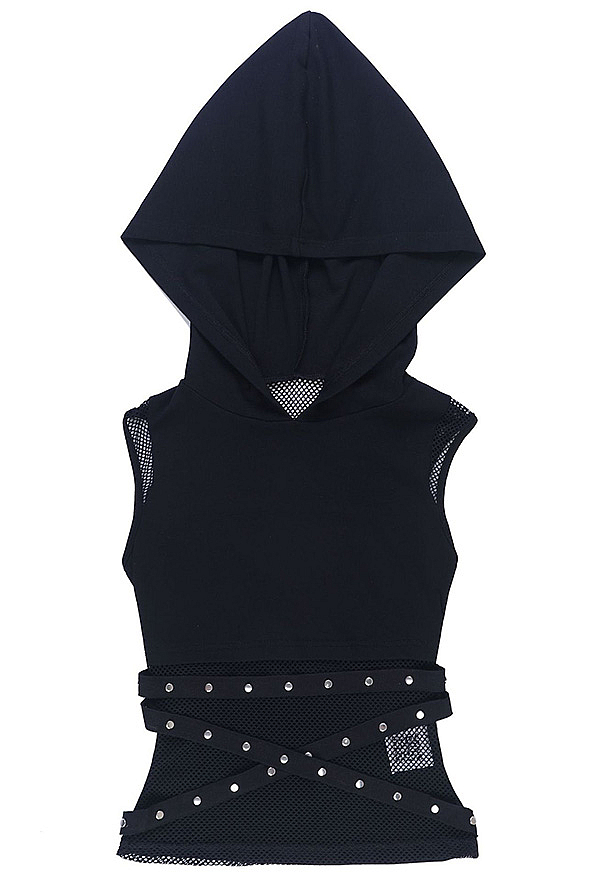 Gothic Black Fishnet Paneled Tank Top Punk Techwear Studded Strap Hooded Sleeveless Top