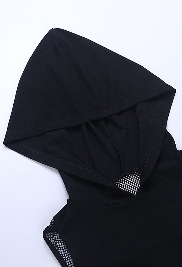 Gothic Black Fishnet Paneled Tank Top Punk Techwear Studded Strap Hooded Sleeveless Top