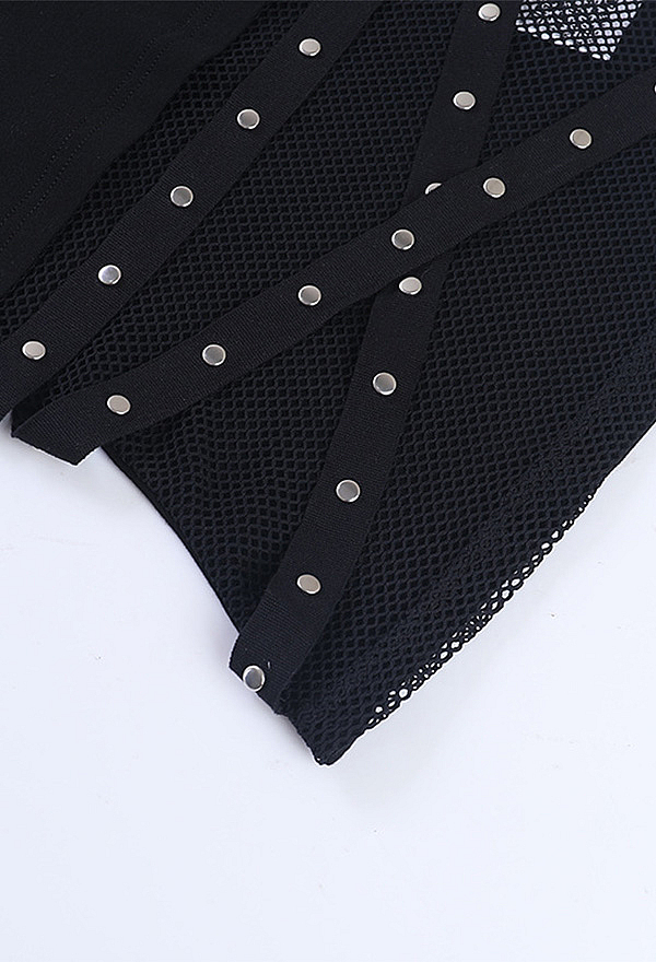 Gothic Black Fishnet Paneled Tank Top Punk Techwear Studded Strap Hooded Sleeveless Top