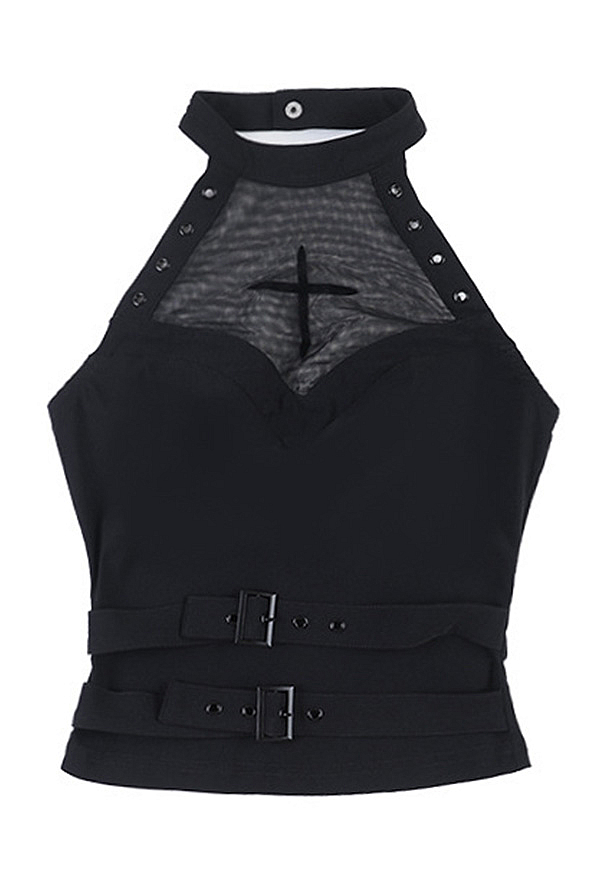 Gothic Black Cross Motif Mesh Paneled Tank Top Dark Style Metal Buckle Strap Design Halter Top