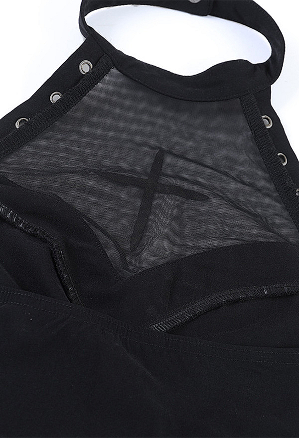 Gothic Black Cross Motif Mesh Paneled Tank Top Dark Style Metal Buckle Strap Design Halter Top