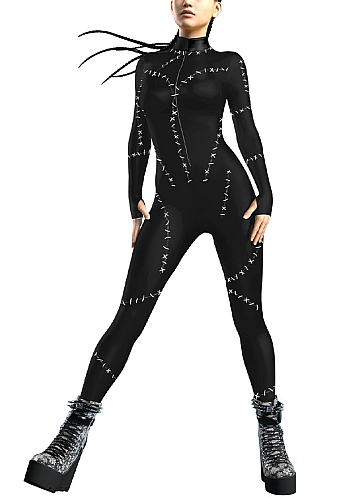 Halloween Black Cat Costume Dark Style Stitched Print Fitted Jumpsuit