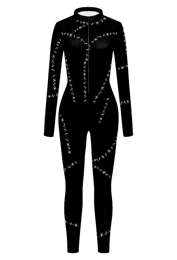 Halloween Black Cat Costume Dark Style Stitched Print Fitted Jumpsuit Halloween Black Cat Costume Dark Style Stitched Print Fitted Jumpsuit