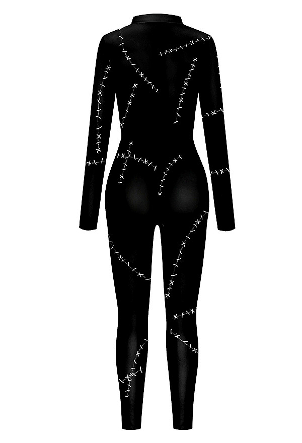 Halloween Black Cat Costume Dark Style Stitched Print Fitted Jumpsuit Halloween Black Cat Costume Dark Style Stitched Print Fitted Jumpsuit