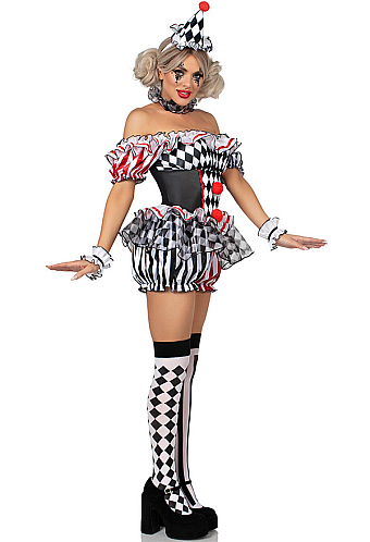 Halloween Clown Set Diamond and Striped Pattern Off-the-Shoulder Jumpsuit with Headband and Choker