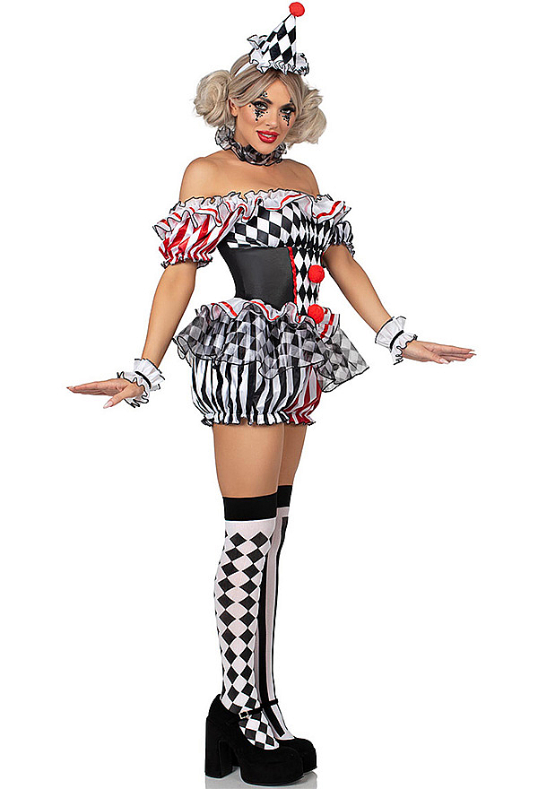 Halloween Clown Set Diamond and Striped Pattern Off-the-Shoulder Jumpsuit with Headband and Choker