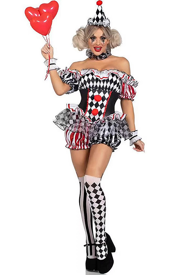 Halloween Clown Set Diamond and Striped Pattern Off-the-Shoulder Jumpsuit with Headband and Choker