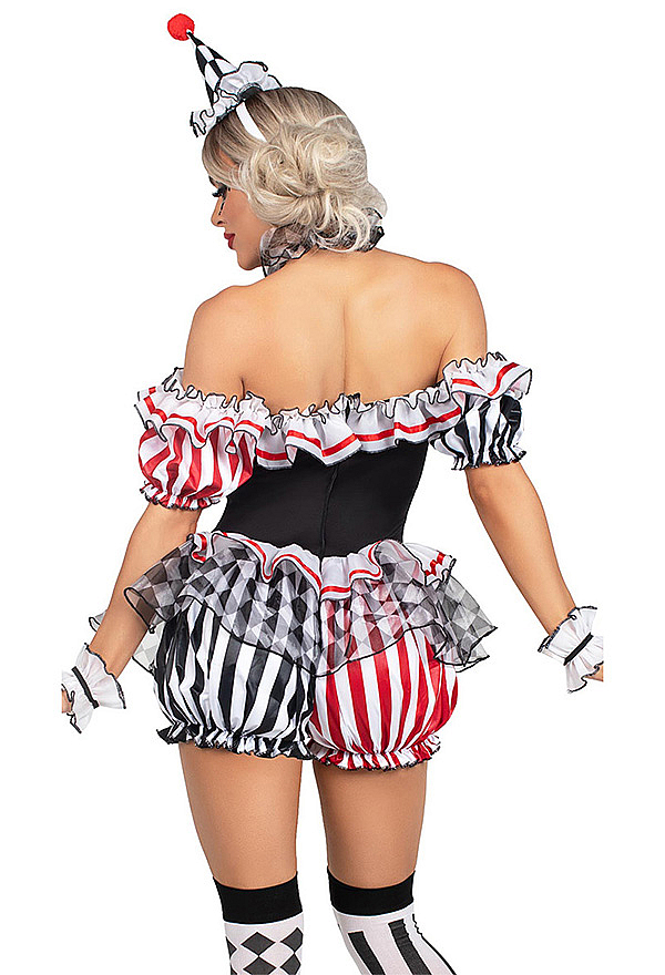 Halloween Clown Set Diamond and Striped Pattern Off-the-Shoulder Jumpsuit with Headband and Choker
