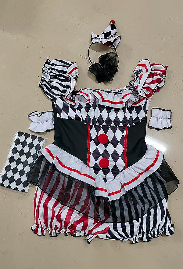 Halloween Clown Set Diamond and Striped Pattern Off-the-Shoulder Jumpsuit with Headband and Choker
