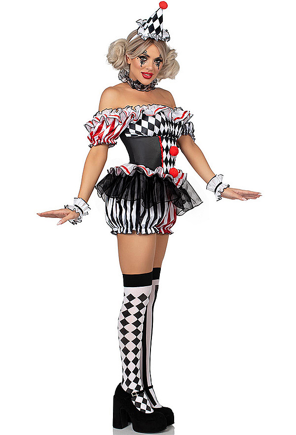 Halloween Clown Set Diamond and Striped Pattern Off-the-Shoulder Jumpsuit with Headband and Choker