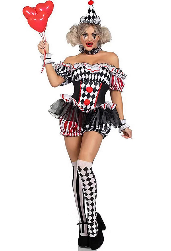 Halloween Clown Set Diamond and Striped Pattern Off-the-Shoulder Jumpsuit with Headband and Choker