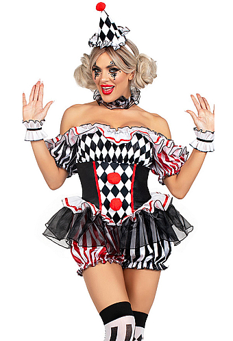 Halloween Clown Set Diamond and Striped Pattern Off-the-Shoulder Jumpsuit with Headband and Choker