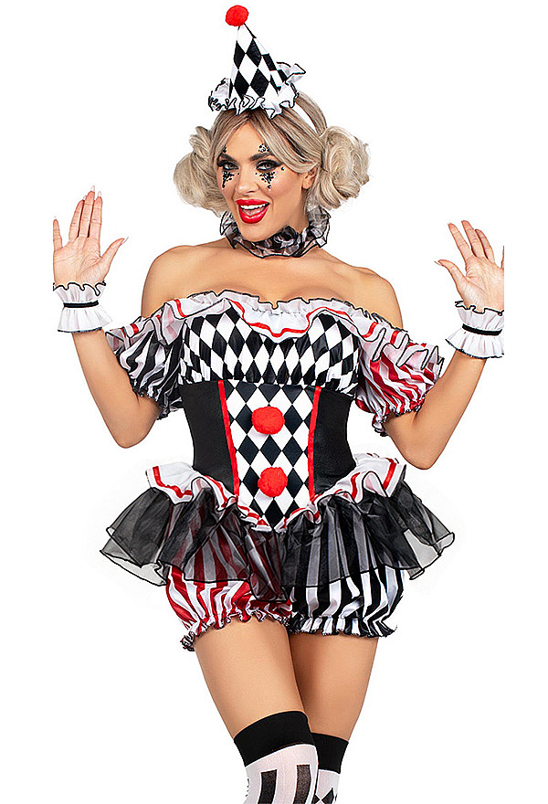 Halloween Clown Set Diamond and Striped Pattern Off-the-Shoulder Jumpsuit with Headband and Choker